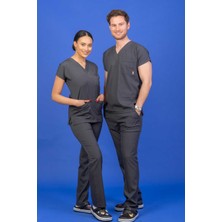 Başaran Uniforma Unisex Kalıp Antrasit Likralı Hemşire / Doktor Forması Scrubs (Takım)