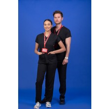Başaran Uniforma Unisex Kalıp Siyah Likralı Hemşire / Doktor Forması Scrubs (Takım)