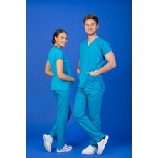 Başaran Uniforma Unisex Kalıp Turkuaz Mavi Likralı Hemşire / Doktor Forması Scrubs (Takım)