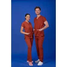 Başaran Uniforma Unisex Kalıp Kiremit Likralı Hemşire / Doktor Forması Scrubs (Takım)