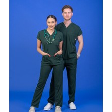 Başaran Uniforma Unisex Kalıp Koyu Yeşil Likralı Hemşire / Doktor Forması Scrubs (Takım)
