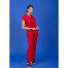 Başaran Uniforma Unisex Kalıp Kırmızı Likralı Hemşire / Doktor Forması Scrubs (Takım)
