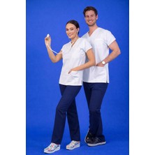 Başaran Uniforma Unisex Kalıp Üst Beyaz / Alt Lacivert Likralı Hemşire / Doktor Forması Scrubs (Takım)