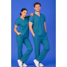 Başaran Uniforma Unisex Kalıp Petrol Yeşili Likralı Hemşire / Doktor Forması Scrubs (Takım)