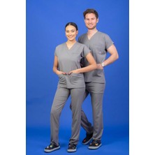 Başaran Uniforma Unisex Kalıp Gri Likralı Hemşire / Doktor Forması Scrubs (Takım)