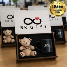 BK Gift Logonuza Özel 10 Adet Kutulu Siyah Renk Fincan ve Ayıcık Anahtarlık Seti – Ahşap Kutulu Kurumsal Hediye Seti