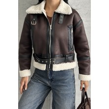 Moda Armanc Kadın Kemerli Içi Kürklü Deri Mont - Biker Deri Ceket