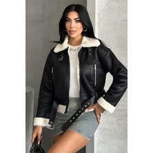 Moda Armanc Kadın Kemerli Içi Kürklü Deri Mont - Biker Deri Ceket