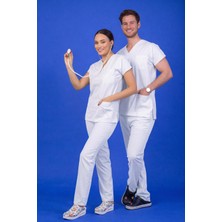 Başaran Uniforma Tek Üst Unisex Kalıp Üst Beyaz Likralı Hemşire / Doktor Forması Scrubs