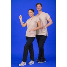 Başaran Uniforma Tek Üst Unisex Kalıp Bej Likralı Hemşire / Doktor Forması Scrubs