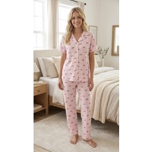 Çağrı Homewear Çağrı 52670 Pembe Çizgili Fiyonklu Boydan Düğmeli Gömlek Pijama Takım