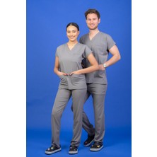 Başaran Uniforma Tek Üst Unisex Kalıp Gri Likralı Hemşire / Doktor Forması Scrubs