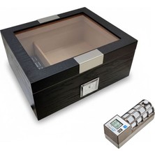 Cigarloong Cigarspa Elektronik Nemlendiricili Camlı Puro Kutusu Humidor Metal Siyah