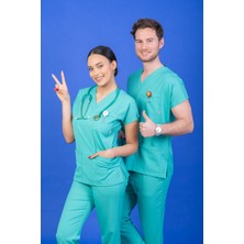 Başaran Uniforma Tek Üst Unisex Kalıp Benetton Yeşil Likralı Hemşire / Doktor Forması Scrubs