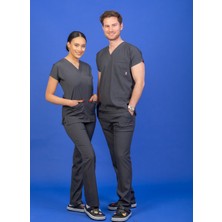 Başaran Uniforma Tek Üst Unisex Kalıp Antrasit Likralı Hemşire / Doktor Forması Scrubs