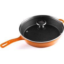 Lotus Döküm    28 cm Yuvarlak Cam Kapaklı Düz Tava  Degrade Turuncu