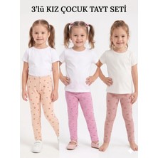 İncili Kız Çocuk 3'lü Esnek Tayt Seti - Kalp, Gökkuşağı Desenli (Somon, Pembe, Gülkurusu) Tayt