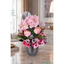 Yapay Çiçek Sitesi Metal Saksıda Luna Pembe Yapay Çiçek Aranjmanı 48CM Pembe