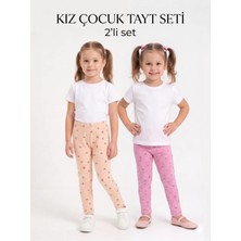 İncili 2'li Kız Çocuk Tayt Seti Pembe Pudra Kalp Desenli Pamuklu