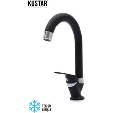 Kustar Tek Su Girişli Mat Siyah Mix Lavabo Bataryası Aç Kapa Musluk Kolay Montajlı Döner Borulu