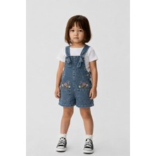 Overdo Kız Çocuk Çiçek Nakışlı Denim Şort Salopet - Tulum