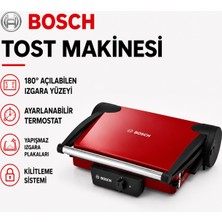 Bosch Kırmızı Döküm Plakalı 1800 W Tost Makinesi, Çift Taraflı Pişirme, 5 Kademeli Isı Ayarı ve Pratik Temizlik Sunan Kompakt Mutfak Çözümü ve Günlük Mutfak Kullanımına Uygun Pratik Çözüm