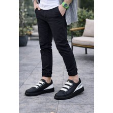 Mevese Onom Bağcıksız 3 Bantlı Lastikli Legend Cilt Erkek Günlük Sneaker Ayakkabı CST - Siyah/Beyaz