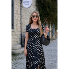 Qimya Butik Buketli Kadın Kare Yaka Iri Puantiyeli Kuşaklı Yırtmaçlı Kısa Kollu Penye Uzun Elbise