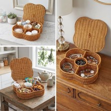 Hereveoyuncak Kapaklı 5 Bölmeli Plastik Rattan Organizer Kutu – Hasır Desenli Çok Amaçlı Saklama ve Sunum Sepeti Çereezlik