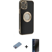 Pileli Store Pilelistore™ iPhone 12 Pro Max Kılıf Iz Form Serisi - Siyah 3D Antistatik Hayalet Cam Ekran Koruyucu + Shine Kamera Lens Koruma Cam - Pe