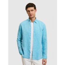 Cacharel Erkek Turkuaz Regular Fit Yakası Düğmeli %100 Keten Gömlek 50319198-VR093