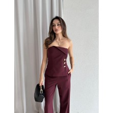 Klex Straplez Gold Düğme Detaylı Büstiyer Pantolon Takım 5043 Bordo - M