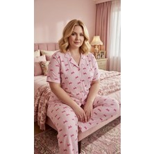 Çağrı Homewear Çağrı 50592 Pembe Çizgili Fiyonklu Boydan Düğmeli Büyük Beden Gömlek Pijama Takım