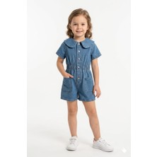 Superbaby Retro Tarz Bebe Yaka Kısa Kollu Denim Çocuk Tulumu