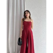 Klex Ip Askılı Önü Düğmeli Drapeli Tulum 5064 Bordo - Xl