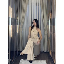 Klex Halter Yaka Düğmeli Blazer Görünümlü Takım 5038 Bej - L