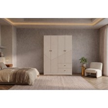 By Cino BYCİNO Leyla 4 Kapaklı 2 Çekmeceli Modern Tasarım Mdf Membran Kapak Lambiri Bej Gardırop