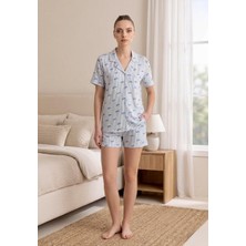 Çağrı Homewear Çağrı 52667 Mavi Çizgili Fiyonklu Boydan Düğmeli Gömlek Şort Takım