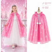 Paradise Sda Kar Tanesi Desenli Pembe Elsa Pelerini - Astarlı Frozen Pelerini 85 cm 4523