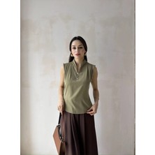 Klex Düğme Detaylı Kolsuz Bluz 5084 Yeşil - M