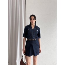 Klex V Yaka Kemerli Denim Etek-Ceket Takım 5046 Lacivert - S