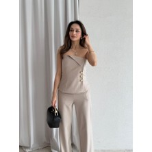 Klex Straplez Gold Düğme Detaylı Büstiyer Pantolon Takım 5043 Bej - S