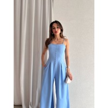 Klex Ip Askılı Önü Düğmeli Drapeli Tulum 5064 Mavi - L