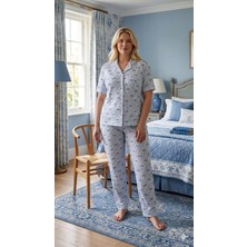 Çağrı Homewear Çağrı 50583 Mavi Çizgili Fiyonklu Boydan Düğmeli Büyük Beden Gömlek Pijama Takım