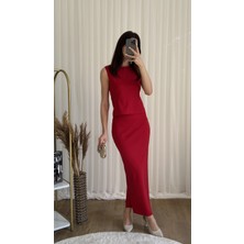 Klex Bisiklet Yaka Kolsuz Üst ve Kalem Etek Ikili Takım 2154 Kırmızı - L