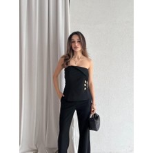 Klex Straplez Gold Düğme Detaylı Büstiyer Pantolon Takım 5043 Siyah - L