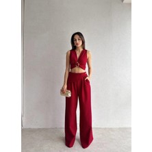 Klex Kuşaklı Tokalı Crop Bluz ve Palazzo Pantolon Takım 5093 Bordo - Xl