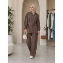 Esra Butik Acı Kahve Ince Paraşüt Kumaş Gizli Fermuarlı Pantolonlu Takım