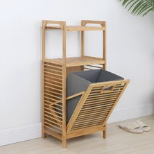 Go İthalat 2 Organizer Raflı - Çek Aç Sepet Ahşap Bambu Kirli Çamaşır Sepet 40X35X95CM (5582)