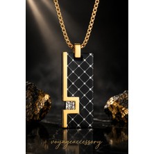 Voyage Accessory Paslanmaz Çelik Kübik Zirkon Detaylı Premium Gold Siyah Erkek Kolye
